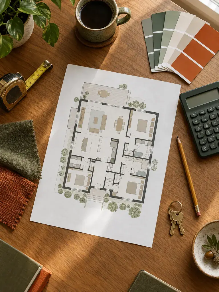 Home planning materials arranged on a warm wood table